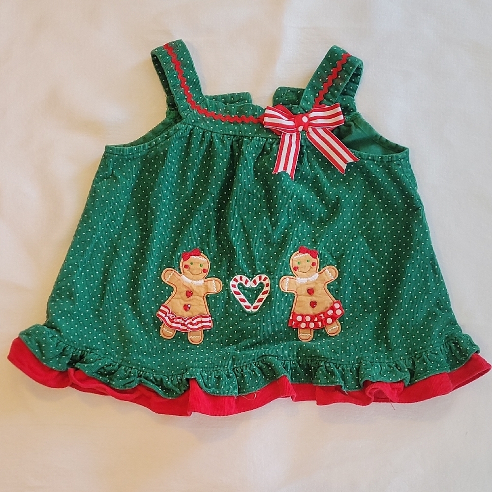 Rare Editions 18 Months Green Polka Dot Dress with Gingerbread Appliqué